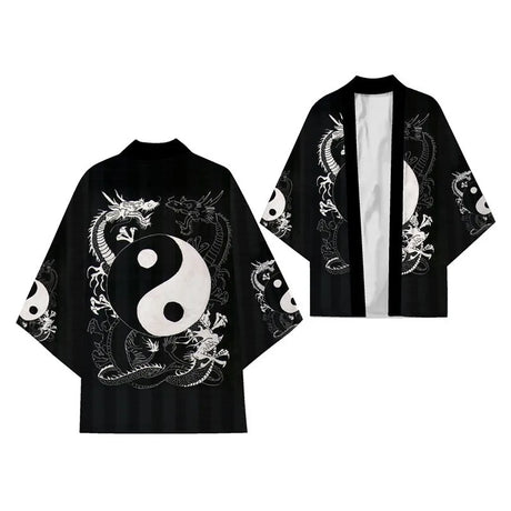 Black Kimono Cardigan Women Men Japanese Obi Male Yukata Men's Haori Chinese Dragon Print Coat Traditional Japan Clothing