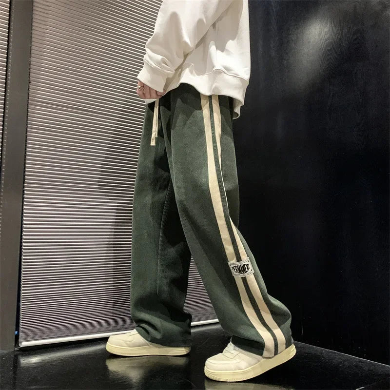 Spring Autumn Men Corduroy Pants American Retro Casual Long Pants Straight Crotch Loose Style Trendy Wide Leg Pants