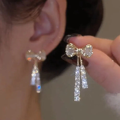 Korean Trendy Bow Crystal Drop Earrings For Women 2024 Luxury Sparkling Cubic Zirconia Long Tassel Earrings High Jewelry Gifts