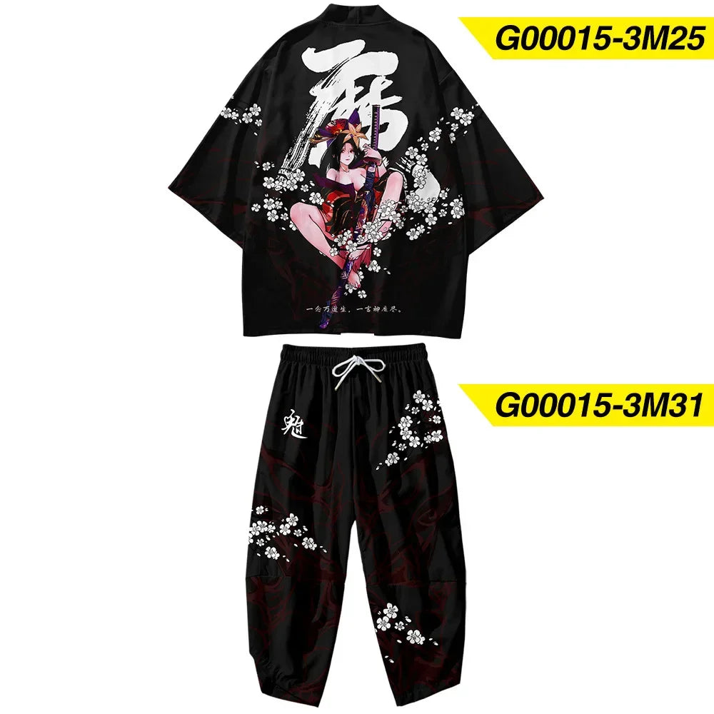 Two-piece Suit Plus Size S-6XL Loose Japanese Cardigan Women Men Cosplay Yukata Clothing Harajuku Samurai Kimono + Pants Sets