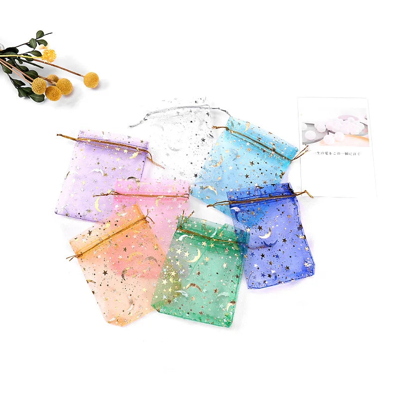 100pcs/lot Moon Star Organza Bags 7x9cm Small Christmas Drawstring Gift Bag Charm Jewelry Boxes Organizer Packaging Bags Pouches