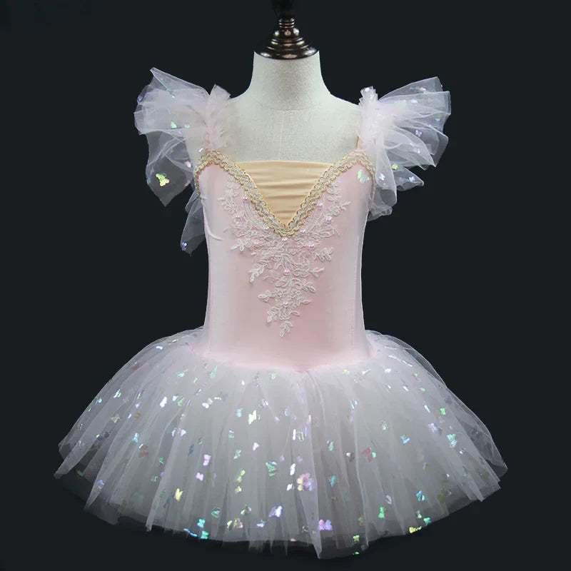 2023 New Ballerina Fairy Prom Party Costume Kids Blue Sequined Flower Dress Girls Dance Wear Gymnastic Ballet Leotard Tutu Dress