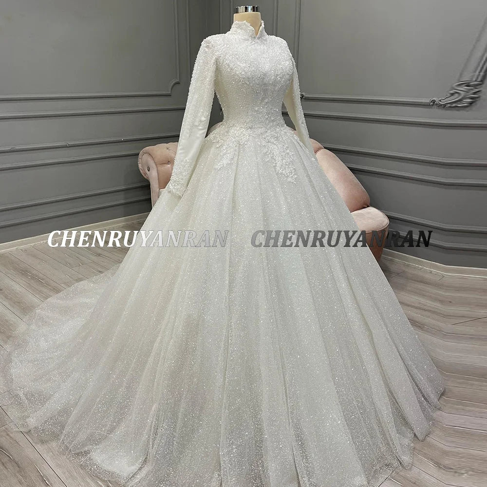 Sparkle Muslim Wedding Dresses For Women 2023 Cover Back Long Wedding Gowns A-Line Luxury Elegant Bride Dress vestidos de noviaS