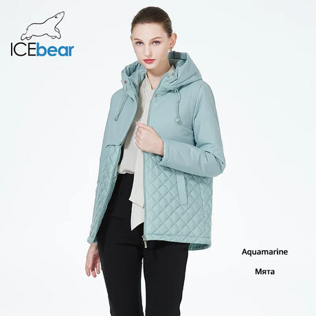 ICEbear 2023 New Women Casual Short Jackets Hooded Windproof Female Spring Autumn Parka Long Sleeve Thin Padded Coat GWC3570I