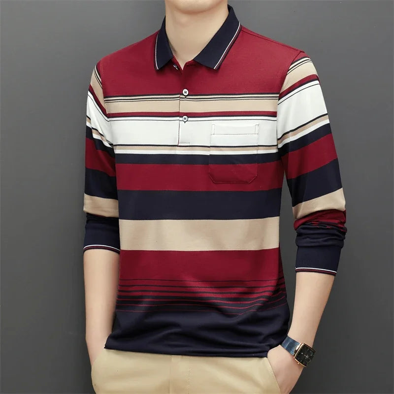 New Men's Casual Long Sleeve Polo Shirt Fashion Solid Color Top