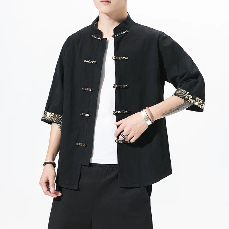 Male New Chinese Style Shirt  Mens Tops Tang Suit Linen Half Sleeve Solid Traditional Kung Fu China Style Hanfu big Size Shirt