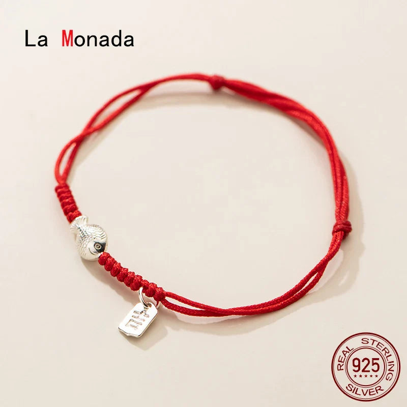 La Monada 925 Silver Fish Red Rope Bracelets Red Thread Line String Jewelry Bracelets For Women Lucky Adjustable Blessing