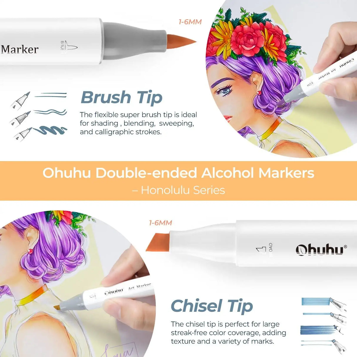 Ohuhu Honolulu Marker Pen Set Oily Alcohol Art Markers Dual Brush Felt Pen Sketching Drawing Graffiti Manga School Art Supplies