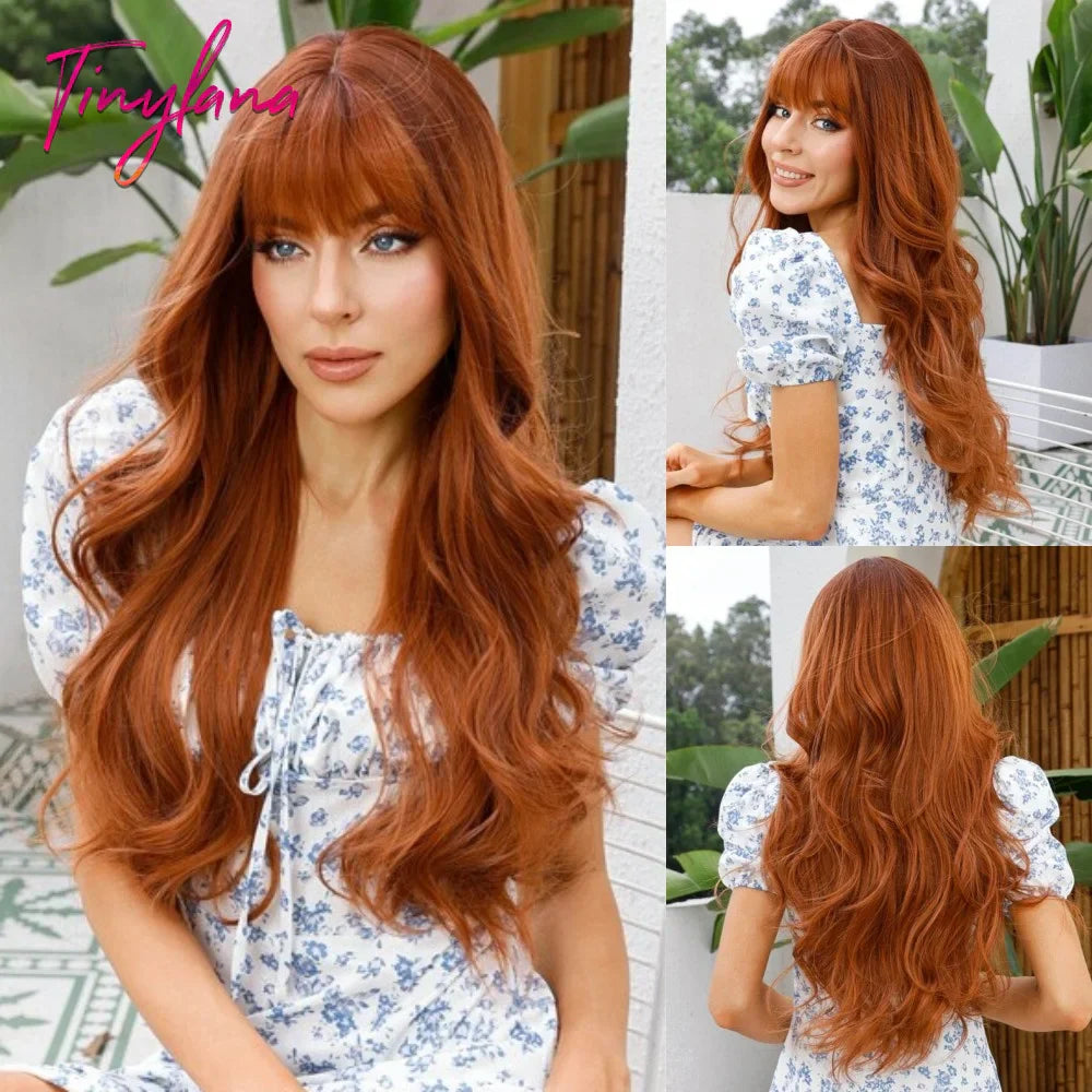 Super Long Black Wavy Synthetic Wigs with Bangs for Women Afro Dark Water Wave Halloween Cosplay Natural Hair Wig Heat Resistant