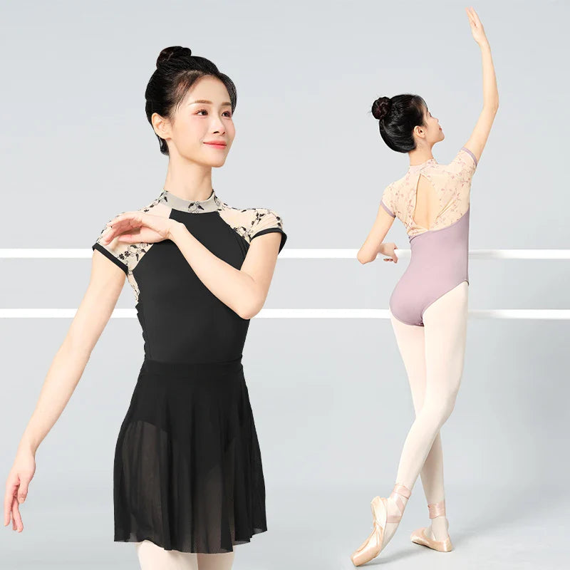 Women Ballet Leotards Stand Collar Embroidery Gymnastics Leotards Adult Ballet Dancing Costumes Short Sleeve Dance Bodysuits