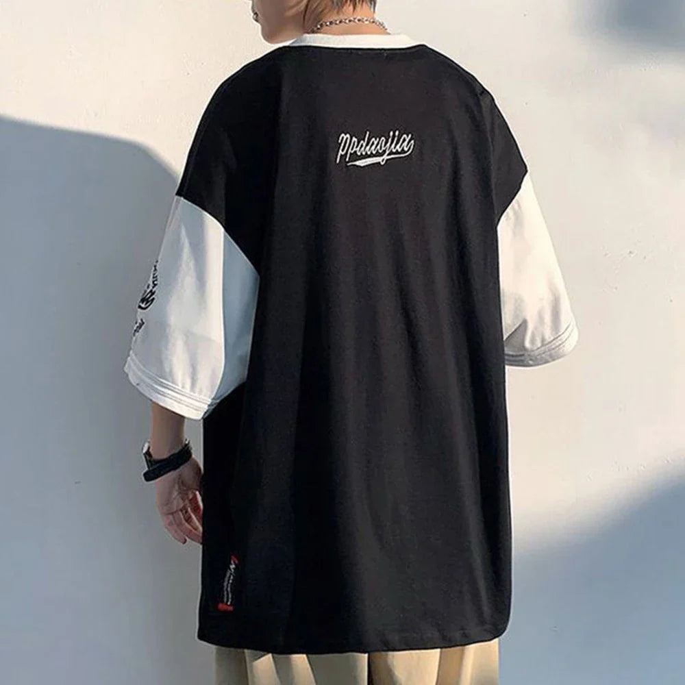 Street Hiphop Color Contrast Stitching Baseball Shirt Cardigan Jacket Summer Short-sleeved Shirt Men's Loose Top Men's Clothing