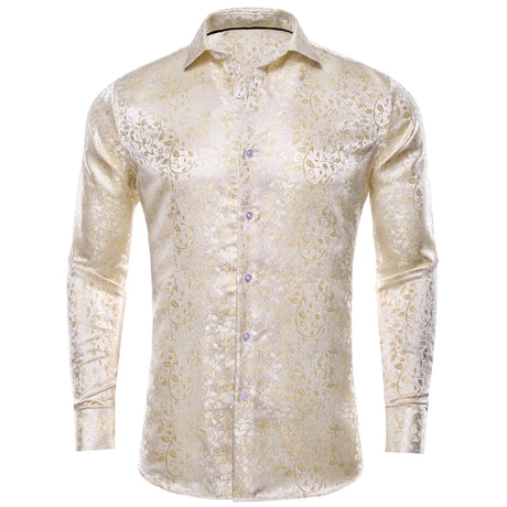 Hi-Tie Gold Luxury Mens Shirts Silk Jacquard High Quality Long Sleeve Lapel Shirt Casual Formal for Male Wedding Business Gifts