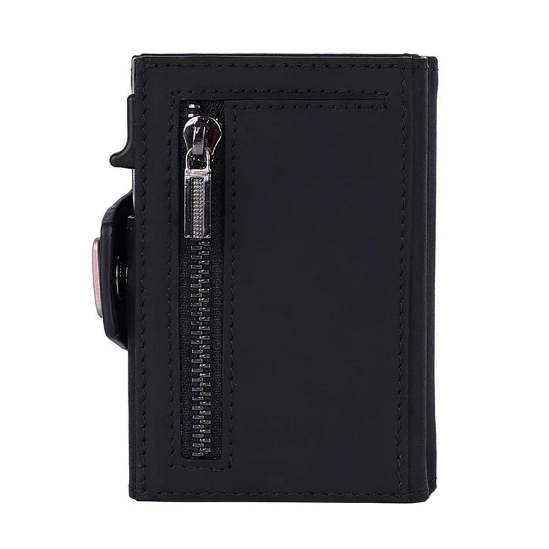 YE TREE Slim Aluminum Metal Wallet for Men Zipper Credit Card Holder RFID Genuine Leather Pop up Wallet for Cards and Coins Man