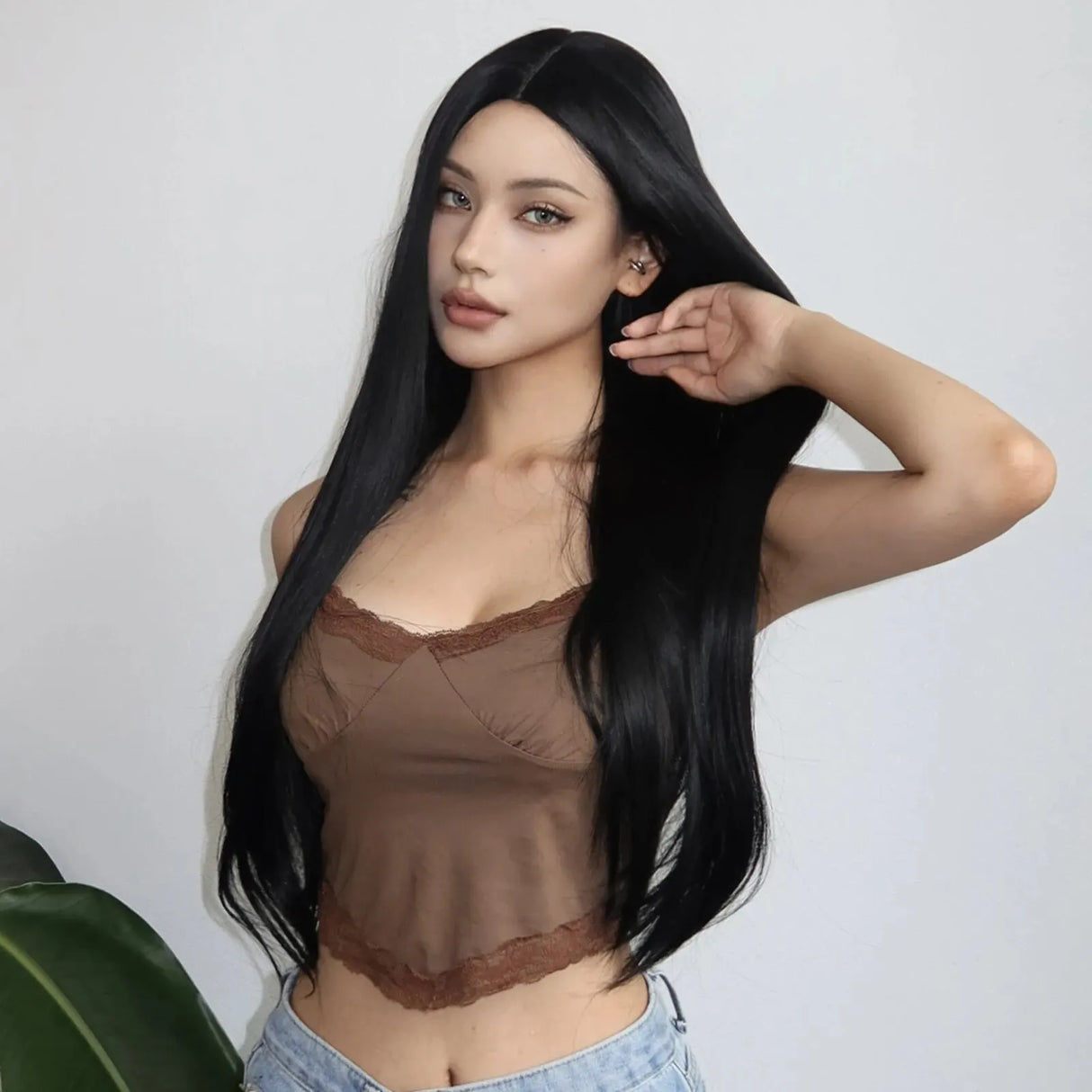 Natural Black Long Straight Synthetic Women Wigs Middle Part for Women Afro Daily Cosplay Party Heat Resistant Fiber Wig