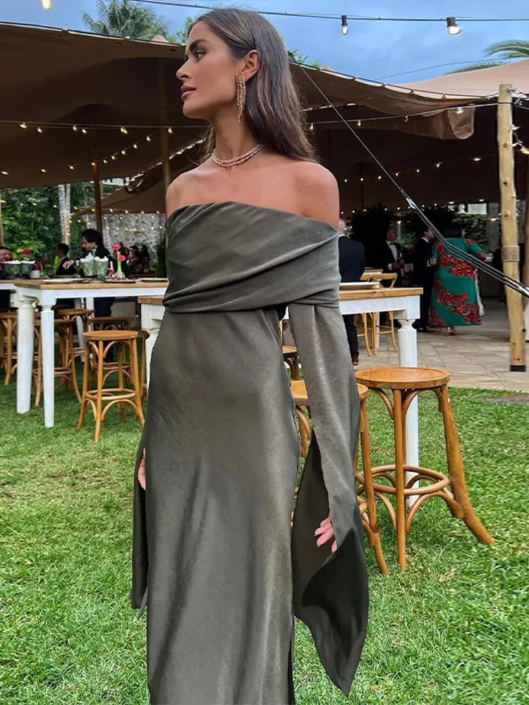 Elegant Solid Off Shoulder Midi Dress Women Chic Slash Neck Long Sleeve High Waist Dresses 2024 Female Evening Party Club Robes