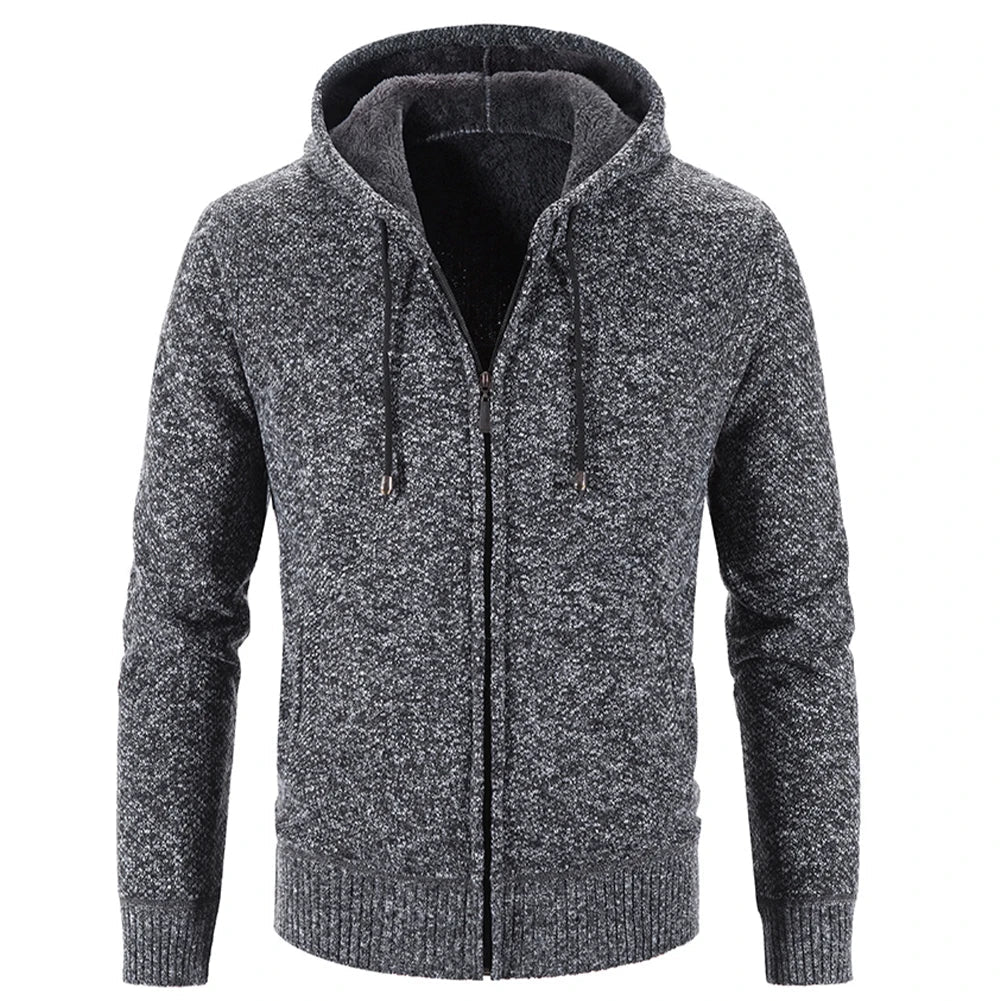 Mens Autumn Winter Warm Thick Fur Lined Hooded Hoodie Slim Fit  Zip Up Coat Jacket Sweatshirt Solid Knitted Men Sweaters