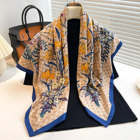 Luxury Women 90x90CM New Twill Silk Big Square Scarf Shawl Fashion Printed Design Summer High Quality Ladies Sunscreen Scarves