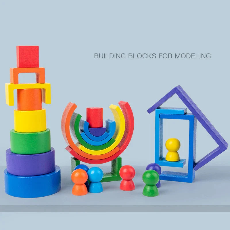 3 In 1 Small Wooden Rainbow Stacker Nesting Puzzle Blocks Stacking Game Preschool Educational Toys For Toddlers Kids