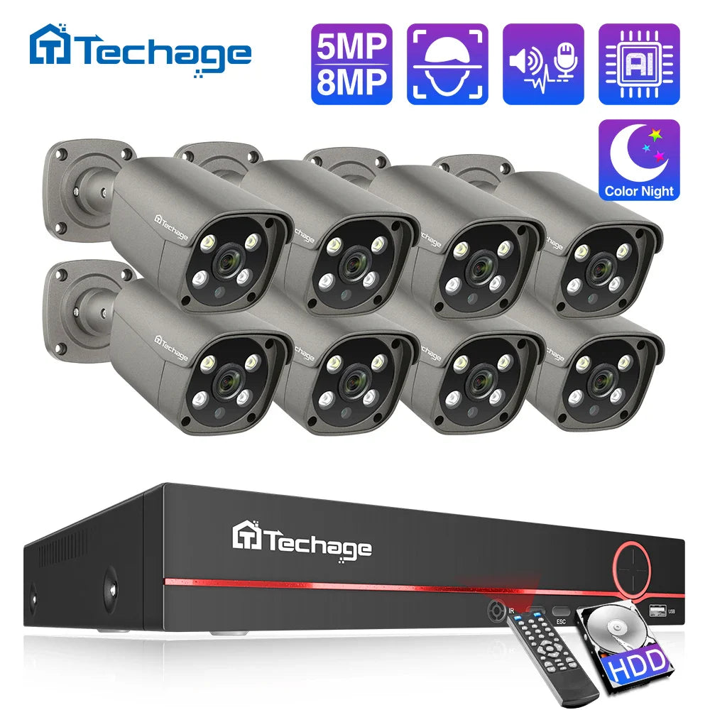 Techage 8CH 5MP 8MP Security Camera System 4K HD POE NVR Kit Two Way Audio Face Detect Outdoor Video Surveillance IP Camera Set