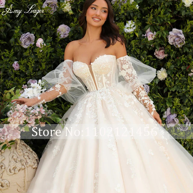 AmyLvager Charming Sweetheart Lace Up Ball Gown Wedding Dress 2024 Gorgeous Appliques Long Sleeve Princess Bridal Gown Customize