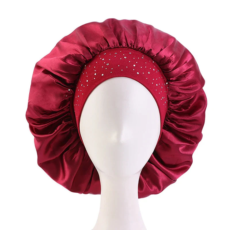 New Women Rhinestone Satin Silky Bonnet Elastic Band Night Caps Shower Cap Head Wrap Brimmed Nightcap Beauty Salon Hair Care Hat