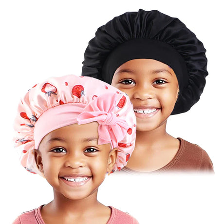 2PCS/LOT Solid Color Nightcap For Kids Wide Edge Printed Bow Sleep Hat Cute Baby Turban Multicolor Set Satin Beanie For Girls