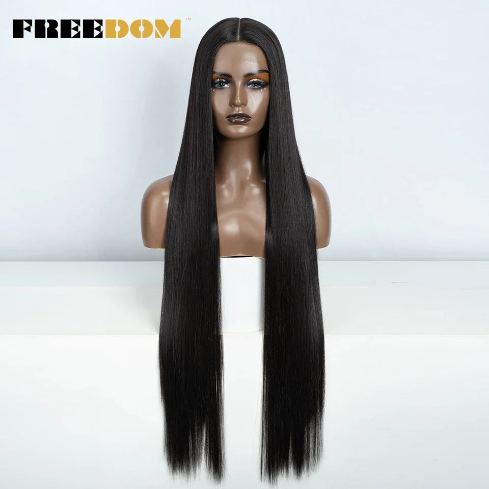 FREEDOM Synthetic Lace Frontal Wig For Women 38 Inch Long Straight Ombre Brown Red Ginger Hightlight Lace Front Wigs Cosplay Wig