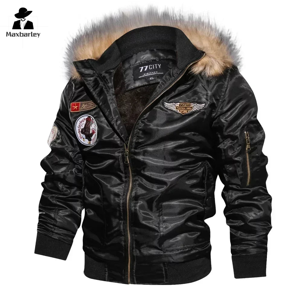 Military Tactics Aviator Jacket Men's Winter Wool Windproof Warm Motorcycle Jacket Men's Outdoor Fur Collar Hooded Parker Coat