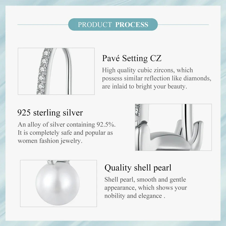 WOSTU Real 925 Sterling Silver European Simple U style Big Shell Pearl Hoop Earrings Women Drop Earring Party Accessories Gift