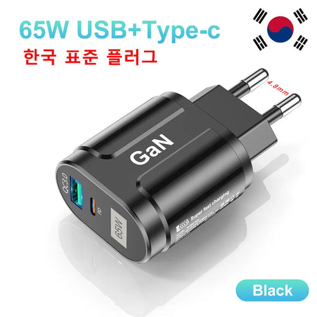 USLION GaN 65W Charger Tablet Laptop Fast Charger Type C PD Quick Charger EU KR Specification Plugs Adapter For iPhone Samsung