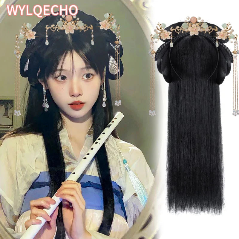 Hanfu Cosplay Wigs Women Black Anime Ancient Chinese Hanfu Wigs Headgear Accessories Hanfu Long Straight Wigs Black Wig Headband