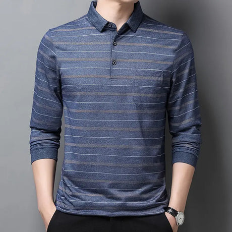 Spring and Autumn Men's Fashion Casual Pocket Long Sleeve Tee T-shirt with Loose Striped Polo Pullover and Contrast Color Tops