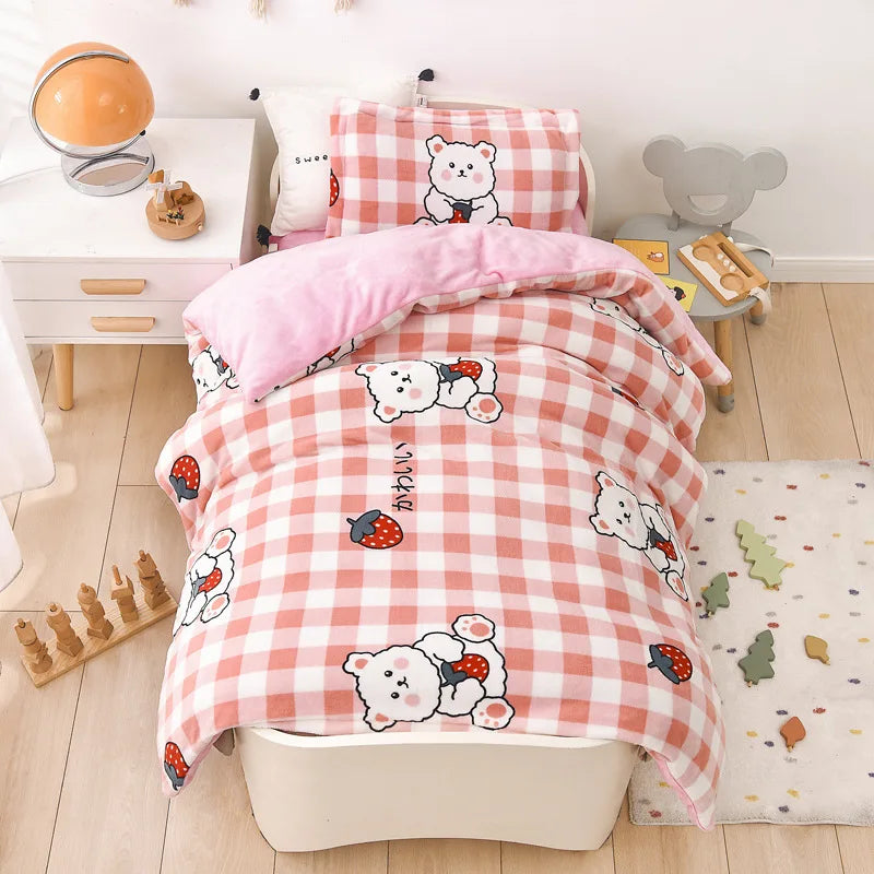 Baby Cartoon Print Bedding Set Duvet Covers Pillowcases Set Autumn Winter Warm Suede Bedclothes Bed Linen CP29