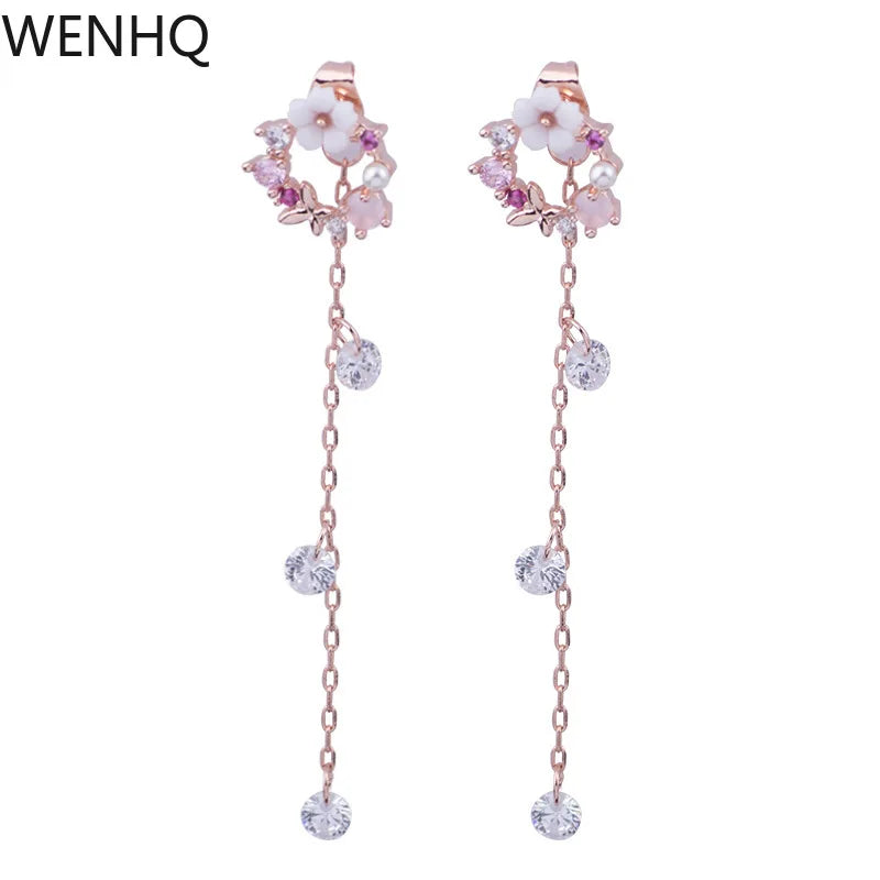 WENHQ Korean Style Cubic Zircon Flower Tassel Drop Clip on Earrings Women's Statement Cuff Earrings No Pierced Cuff Earrings New