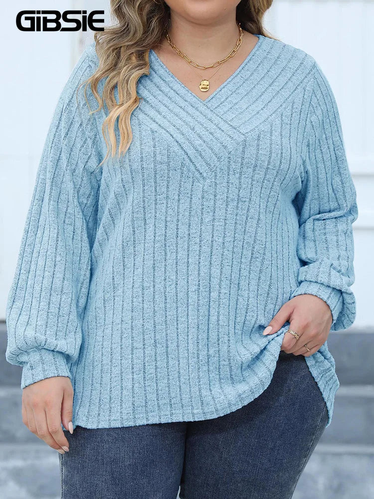 GIBSIE Plus Size Long Sleeve T Shirts for Women Spring Fall Fashion V Neck Solid Ribbed Knit Casual Tee Tops Female 2023 Clothes