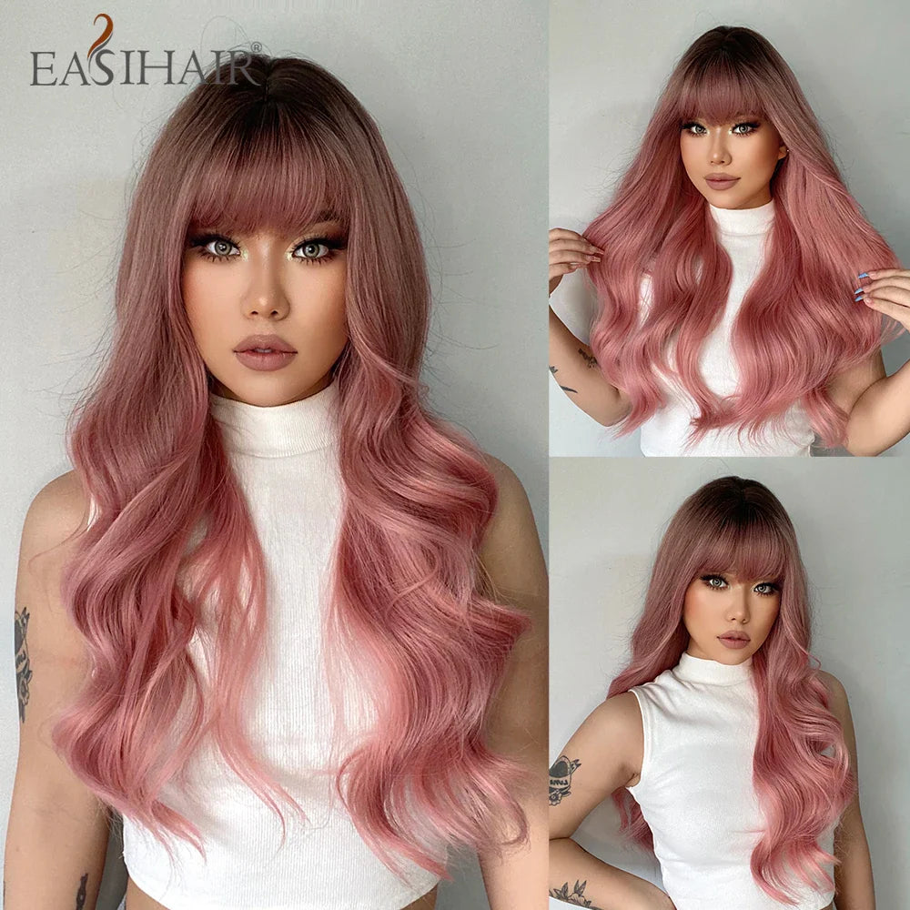 EASIHAIR Light Orange Synthetic Wigs Long Wavy Ombre Natural Hair Wigs with Bangs for Women Cosplay Lolita Wig Heat Resistant