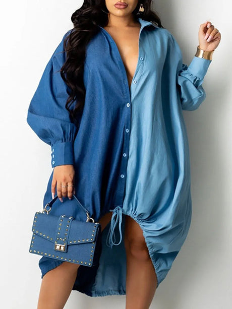 Plus Size dresses Drawstring Patchwork Shirt Dress Fashion Drop Shoulder Long Sleeve Shirt Collar Women Streetwears vestido