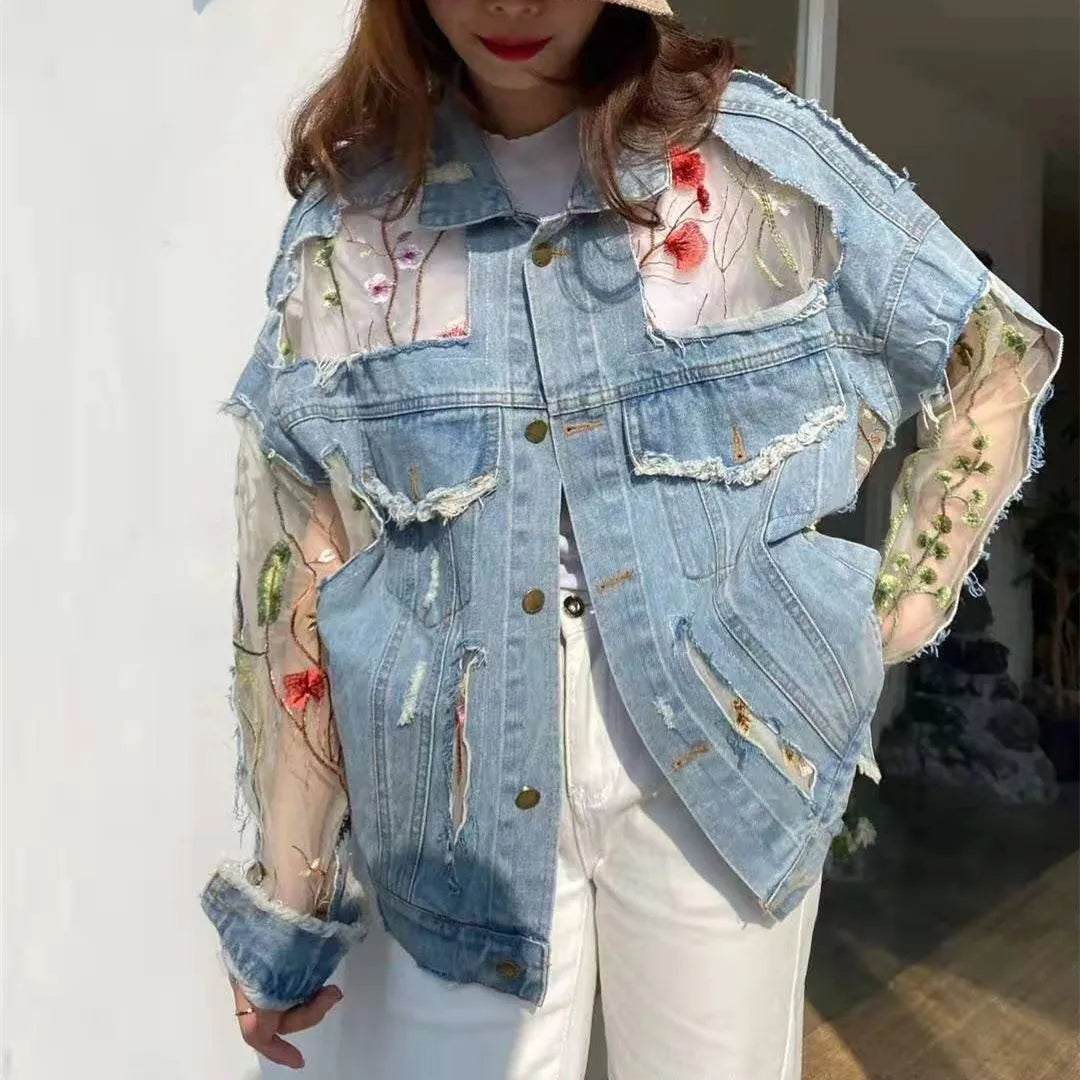 Chaquetas Mujer Summer Streetwear Embroidery Lace Patchwork Sexy Denim Jacket Women Frayed Tassel Loose Korea Blue Jean Coat 3XL