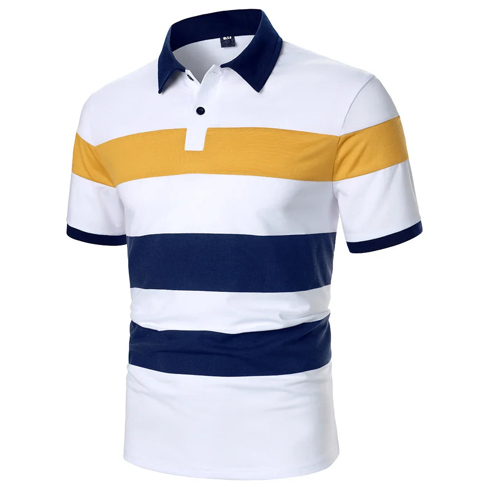 Men Short Sleeve Polo Shirt Contrast Color Stripe Splicing Design Tops Streetwear Casual Fashion Chic Men Lapel Polo Shirt