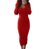 Sexy Backless Bodycon Long Sleeve Dress Slim Midi Dress Women V Neck Ribbed Knitted Midi Dress