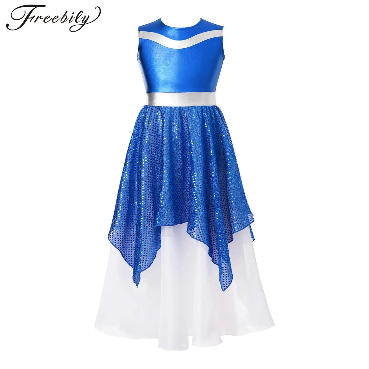 Kids Girls Praise Lyrical Modern Dance Dress Sleeveless Metallic Bodice Shiny Sequin Gown Dancewear Church Worship Choir Costume