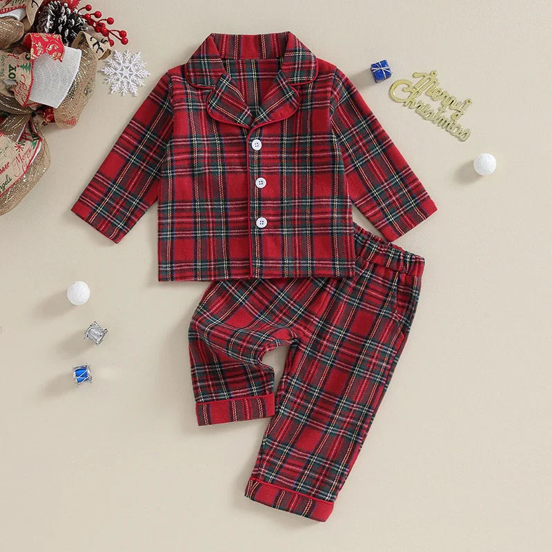 Christmas Kids Girls Boys Pajamas Set Loungewear Suit Plaid Button up Long Sleeve Shirt and Elastic Pants 2PCS Toddler Sleepwear