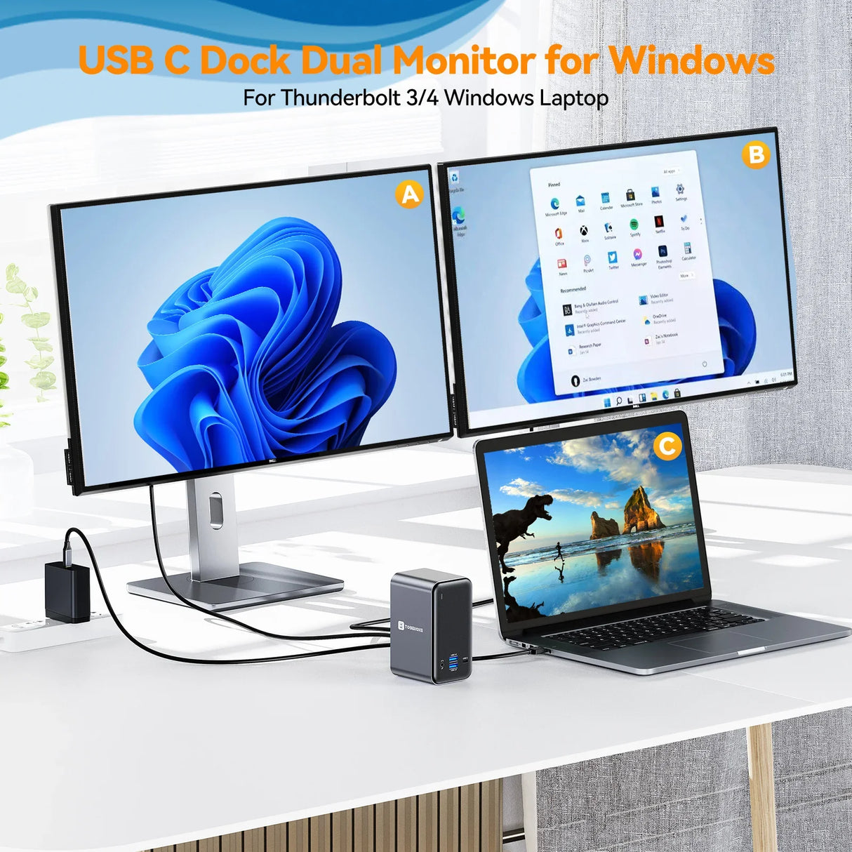 Tobenone Docking Station 4K/60Hz Dual Monitor Display With 2 HDMI VGA RJ45 USB C Splitter Hub For Windows Laptops