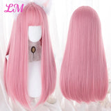 LM Cosplay Wig With Bangs Synthetic Straight Hair 24 Inch Long Heat-Resistant Pink Wig For Women