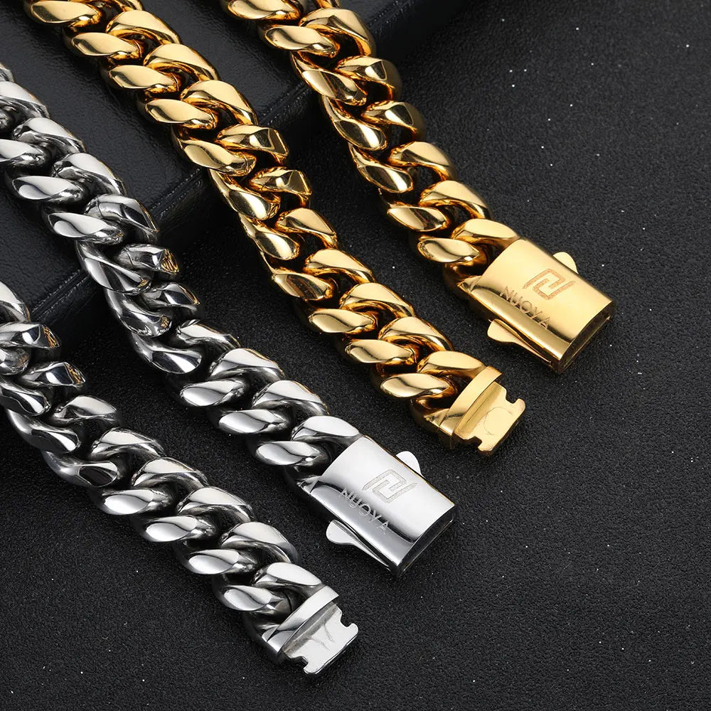 Hip Hop PVD Plated Stainless Steel Necklace Snap Clasp Men Miami Cuban Link Chain Jewelry For Girls Gift Free Laser Logo