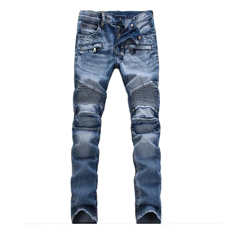 European And American Fold Zipper Motorcycle Snowflake Jeans High Quality Plus Size Direct Sales New Men's Jeans Denim Plus Size