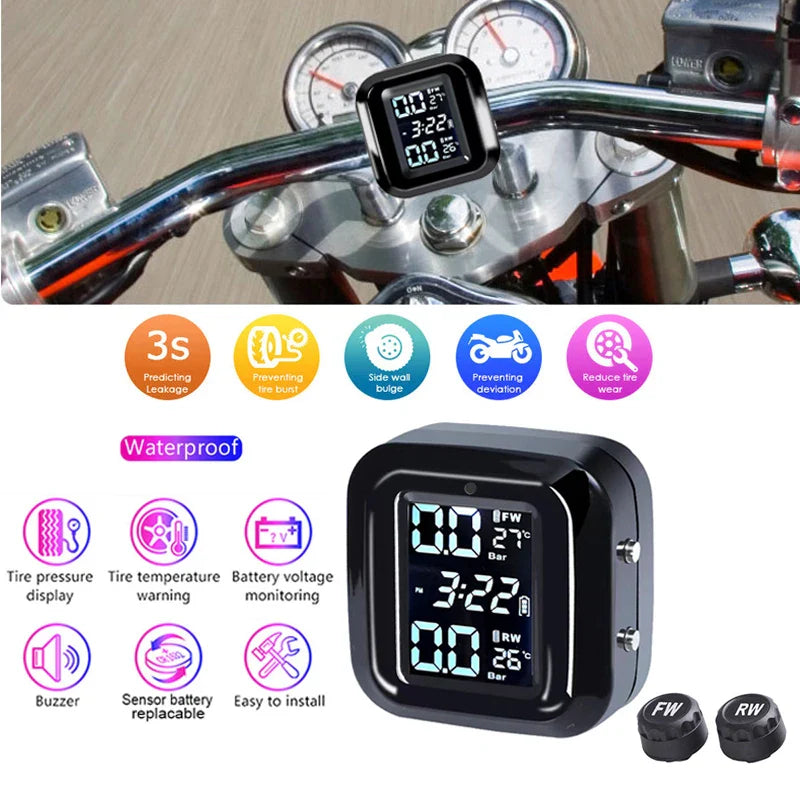 Wireless LCD Display Motorcycle TPMS Tyre Temperature Tester 2 Sensors Dirt Pit Bike Motor Tire Pressure Alarm System Waterproof