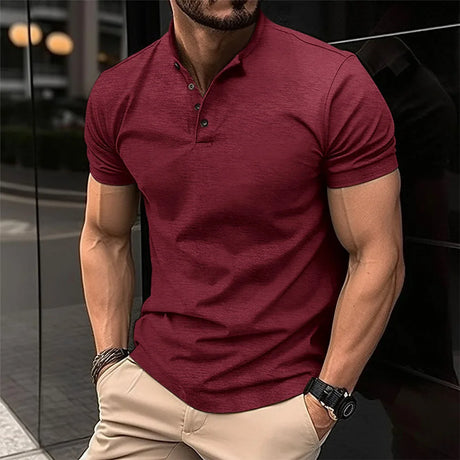 Summer Men Casual Solid Color Short Sleeve T Shirt for Men Henley Collar Polo  High QualityMens T Shirts US Size S-2XL