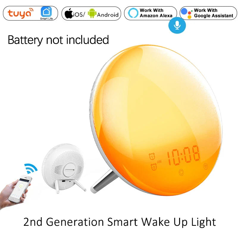 WiFi Smart Wake Up Light Workday Clock Sunrise Sunset Simulation 4 Alarms Works with Alexa Google Home Tuya App Remote Control