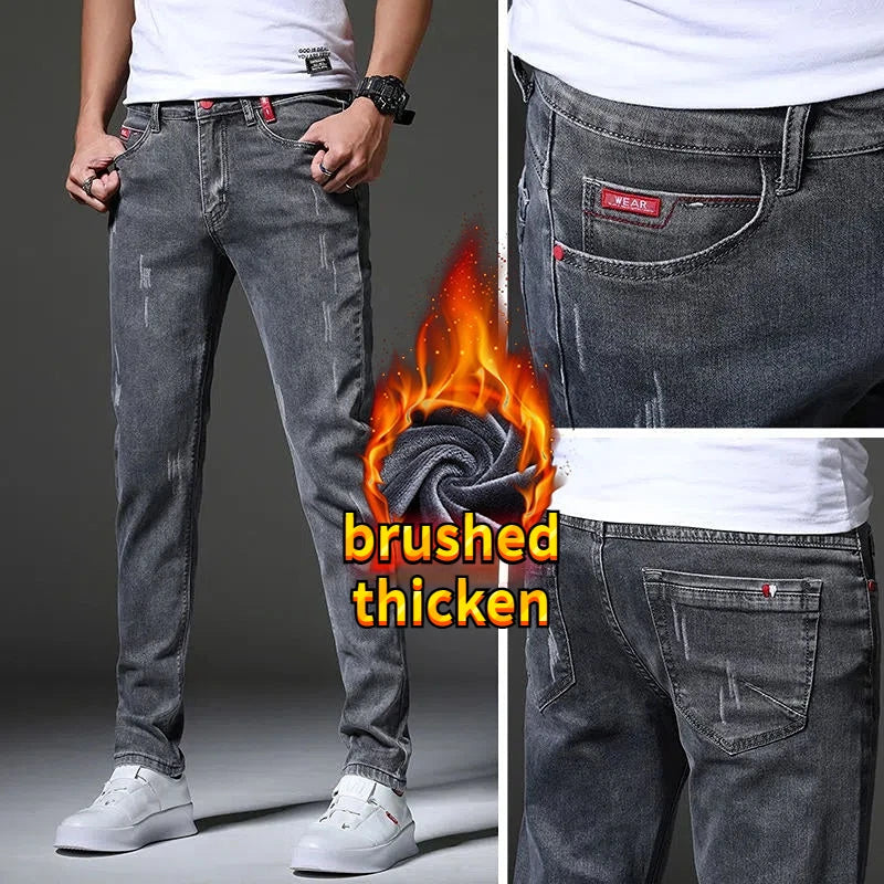 New Autumn Winter Hip Hop Kpop Brushed Denim Fabric Wash Ripped Korean Fashion Men Tight Designer Original Cowboy Slim Trousers